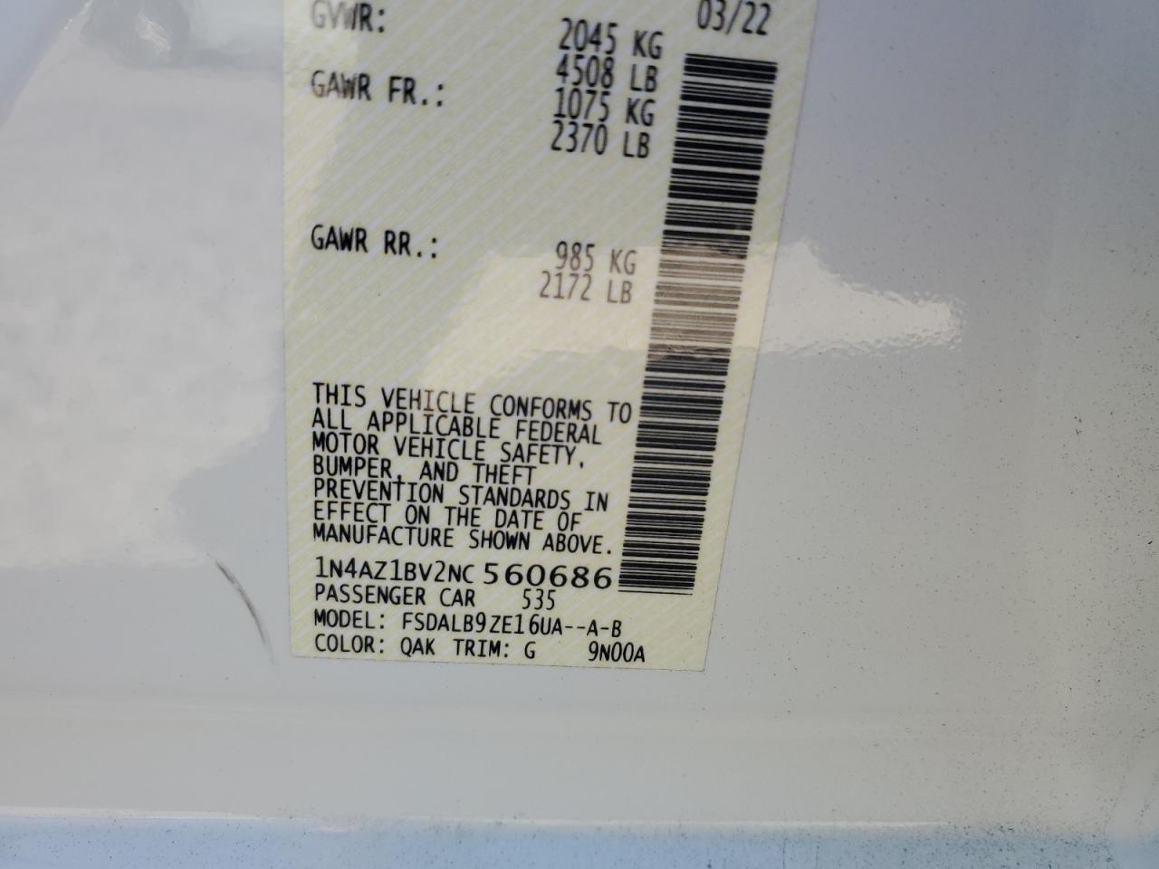 2022 Nissan Leaf S VIN: 1N4AZ1BV2NC560686 Lot: 86480345