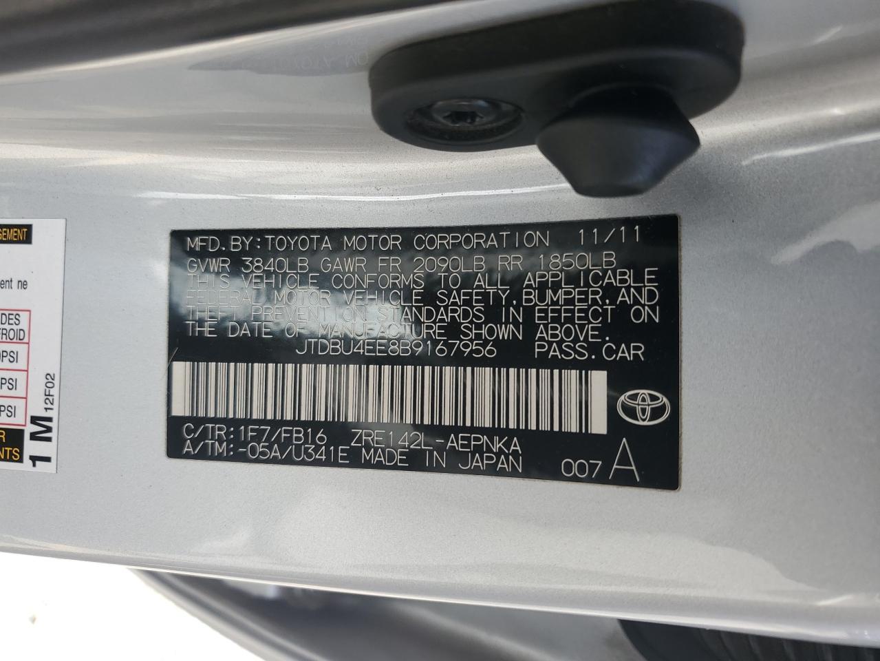 2011 Toyota Corolla Base VIN: JTDBU4EE8B9167956 Lot: 84599685