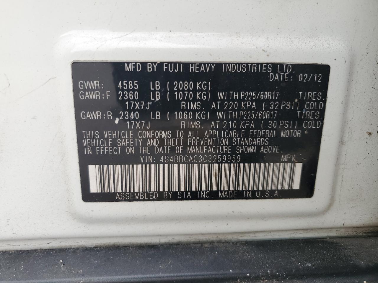 2012 Subaru Outback 2.5I VIN: 4S4BRCAC3C3259959 Lot: 85481845