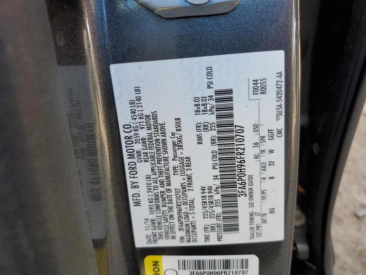 2015 Ford Fusion Se VIN: 3FA6P0H96FR210707 Lot: 89729985