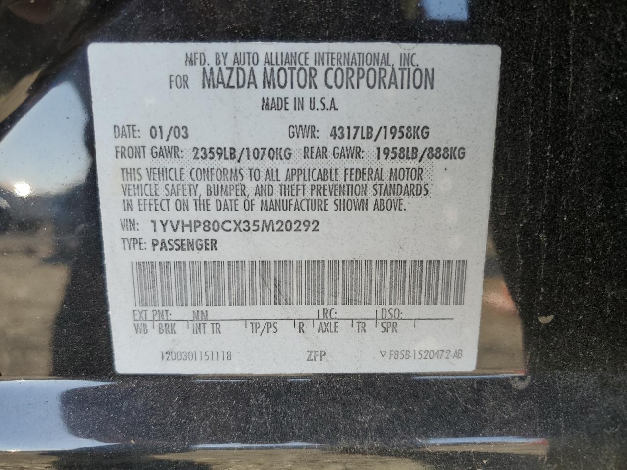 2003 Mazda 6 I VIN: 1YVHP80CX35M20292 Lot: 84522085