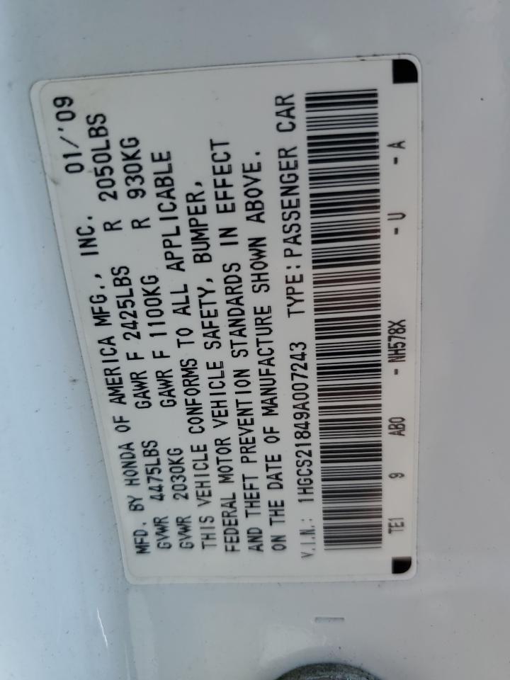 2009 Honda Accord Exl VIN: 1HGCS21849A007243 Lot: 84948235