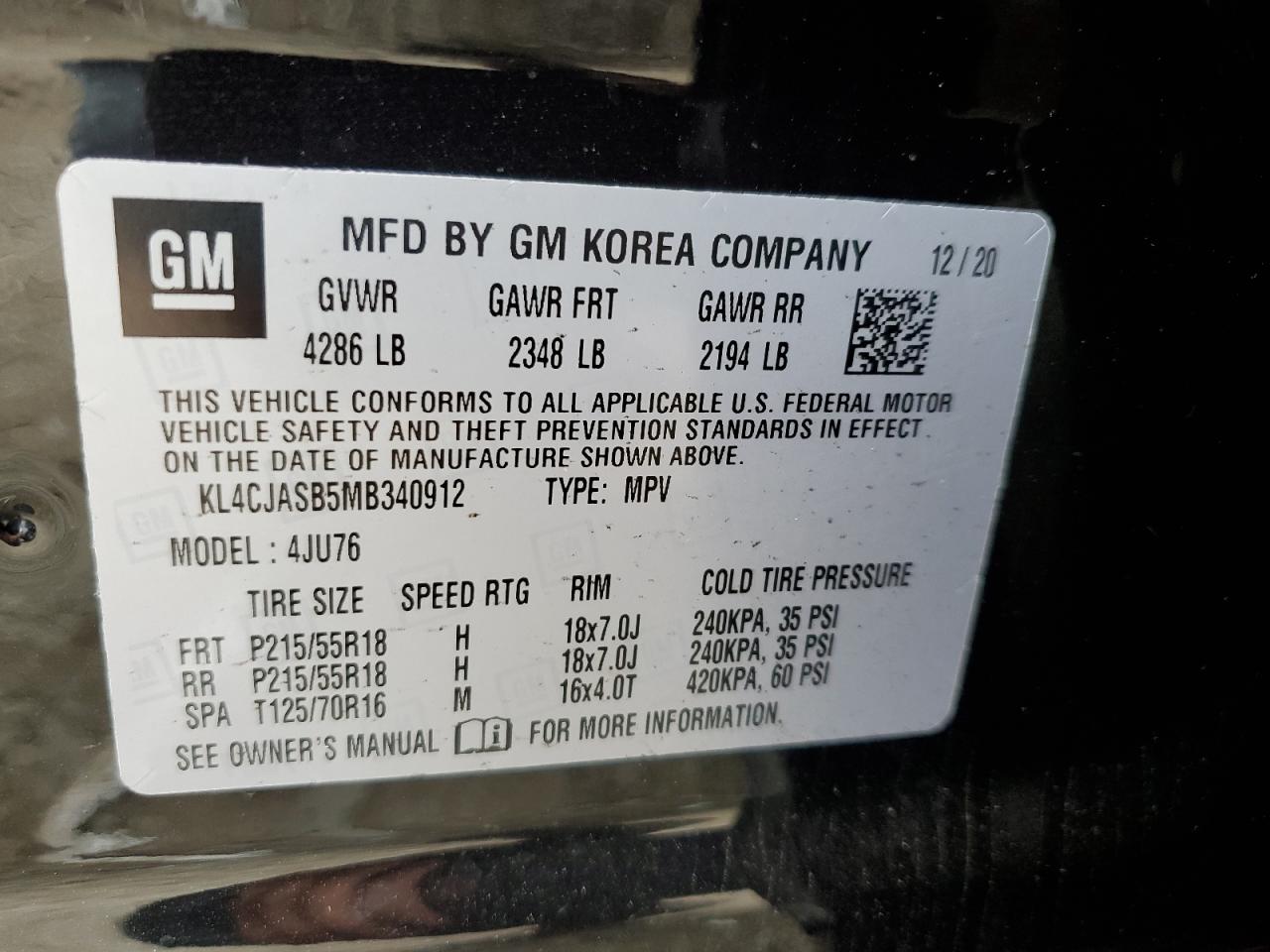 2021 Buick Encore Preferred VIN: KL4CJASB5MB340912 Lot: 82314335