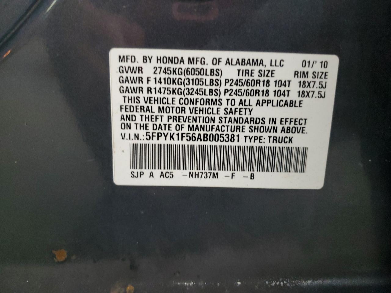 2010 Honda Ridgeline Rtl VIN: 5FPYK1F56AB005381 Lot: 86129025