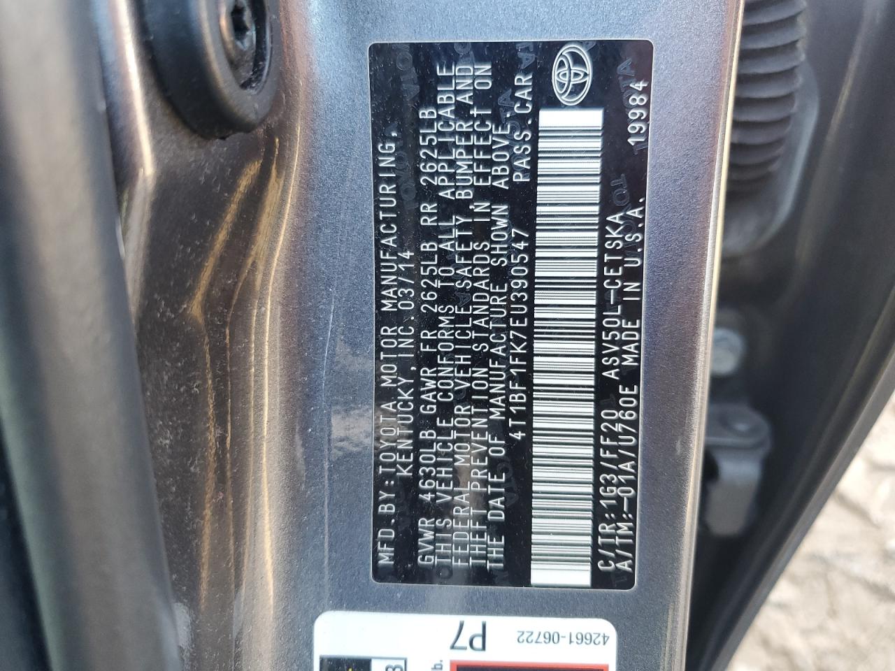 2014 Toyota Camry L VIN: 4T1BF1FK7EU390547 Lot: 84646895