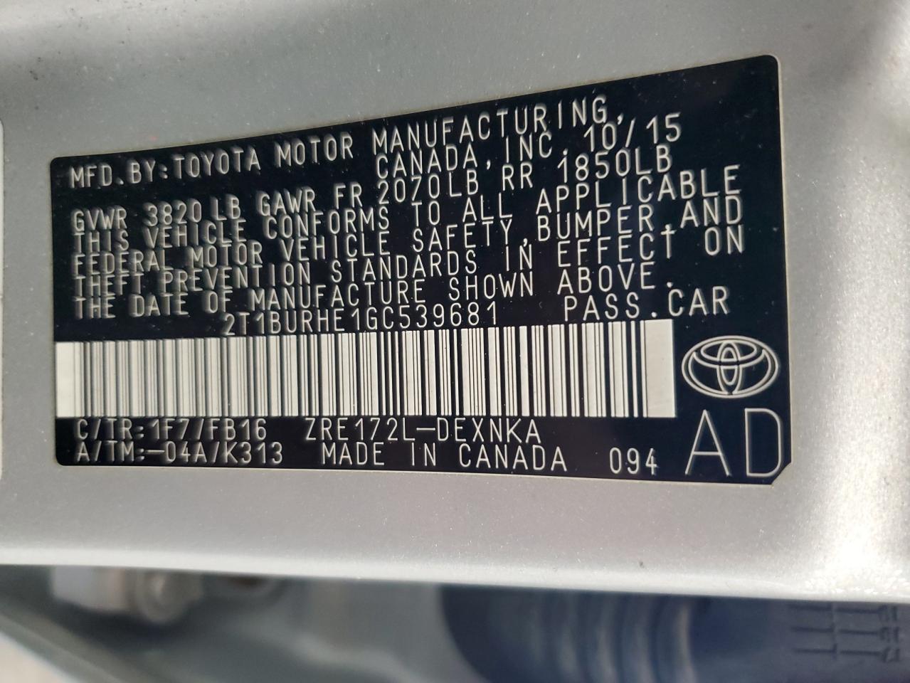 2016 Toyota Corolla L VIN: 2T1BURHE1GC539681 Lot: 84578825