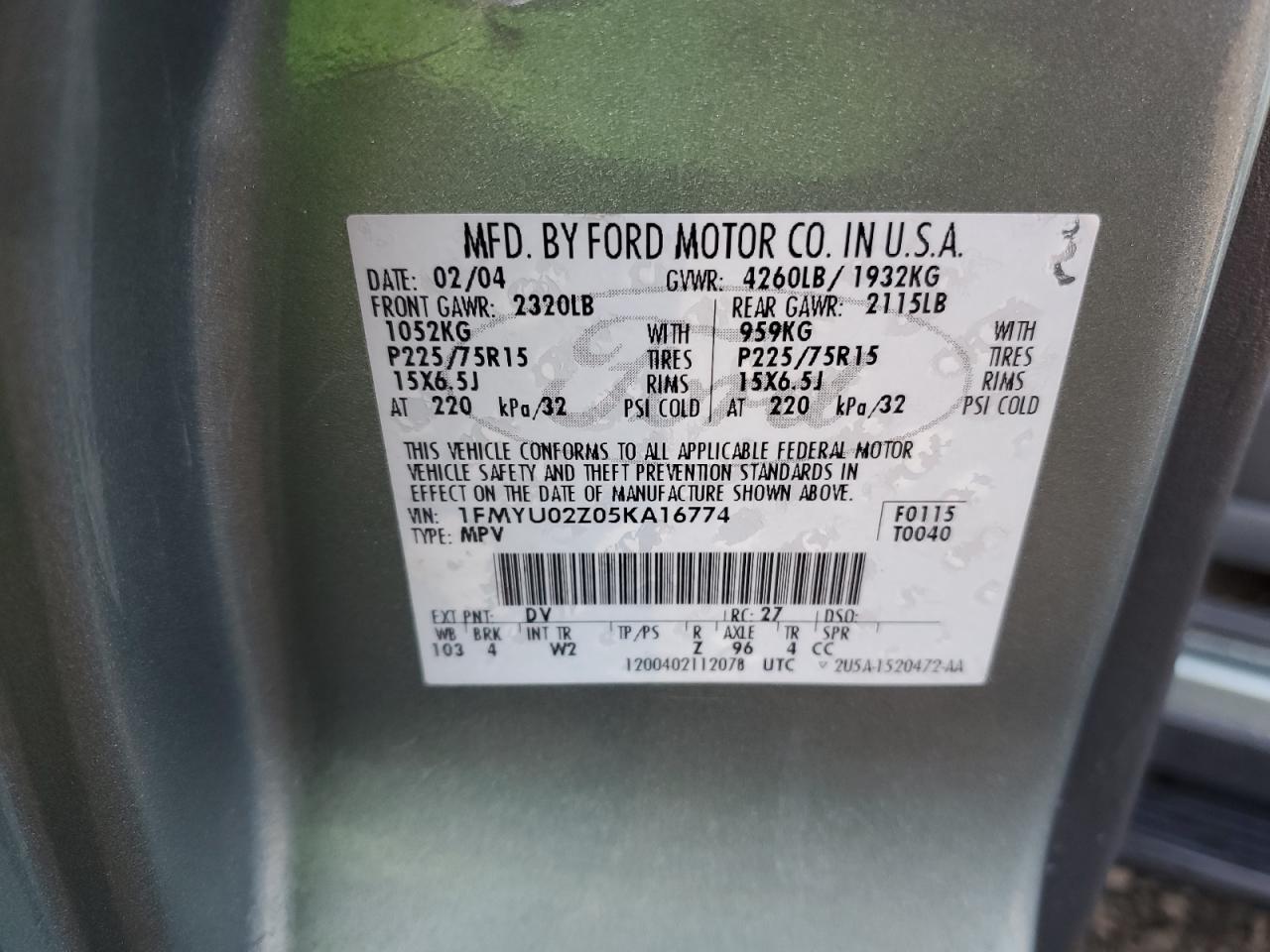 2005 Ford Escape Xls VIN: 1FMYU02Z05KA16774 Lot: 90664395