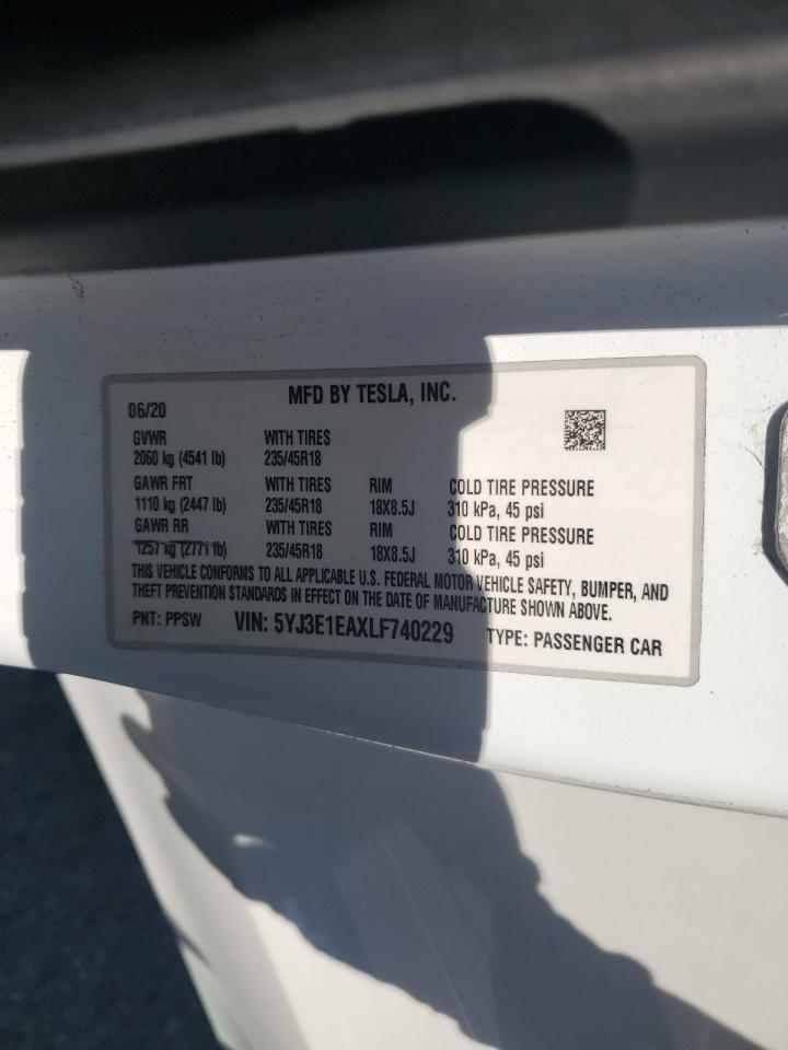 2020 Tesla Model 3 VIN: 5YJ3E1EAXLF740229 Lot: 84297475