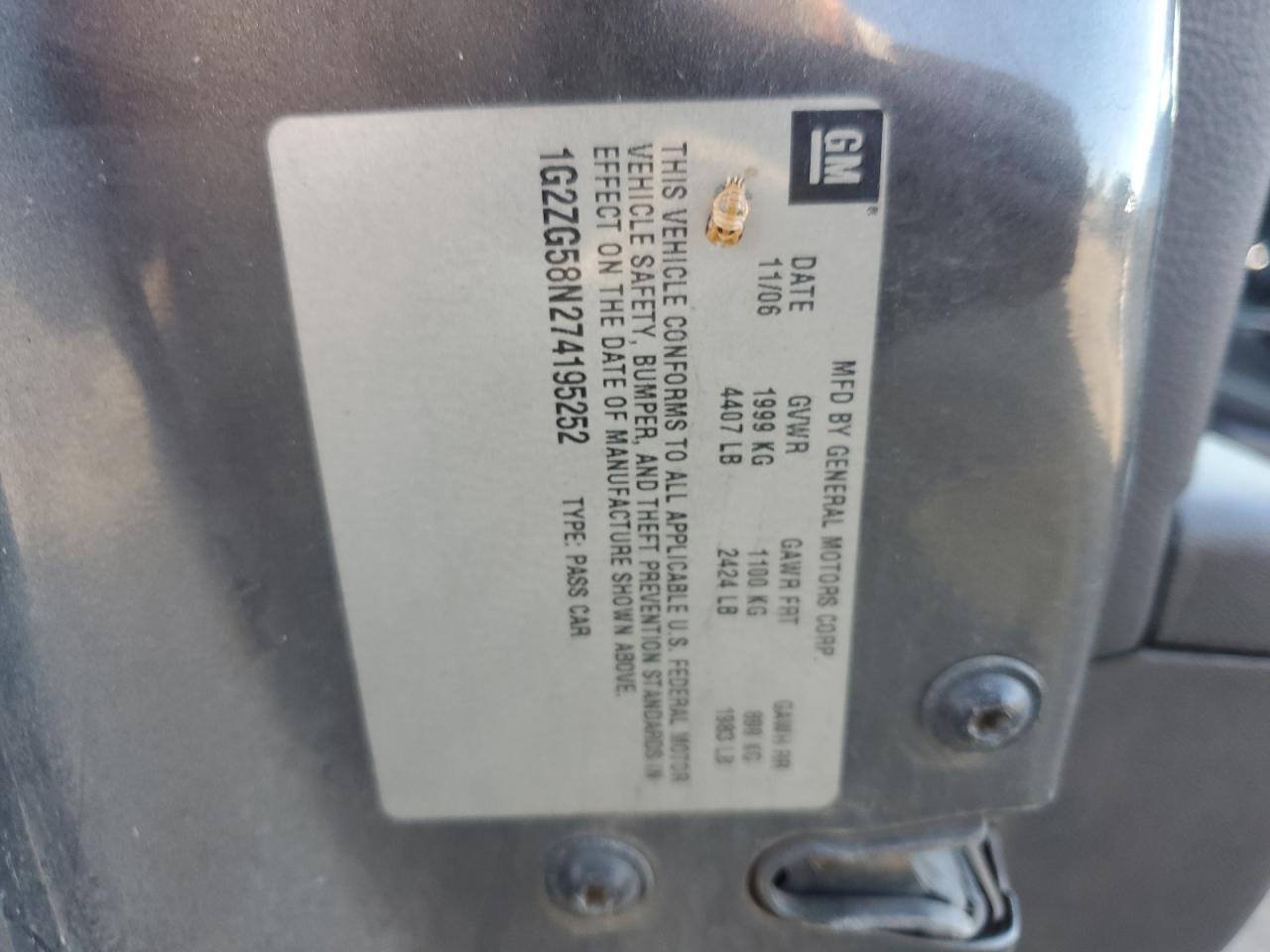 2007 Pontiac G6 Base VIN: 1G2ZG58N274195252 Lot: 82342065