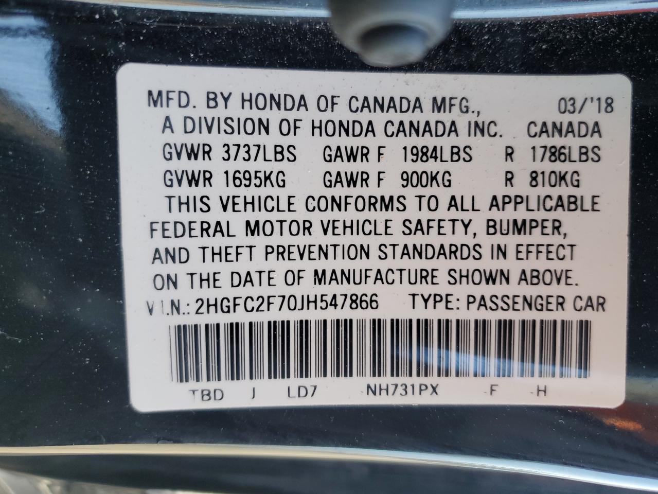 2018 Honda Civic Ex VIN: 2HGFC2F70JH547866 Lot: 85737795