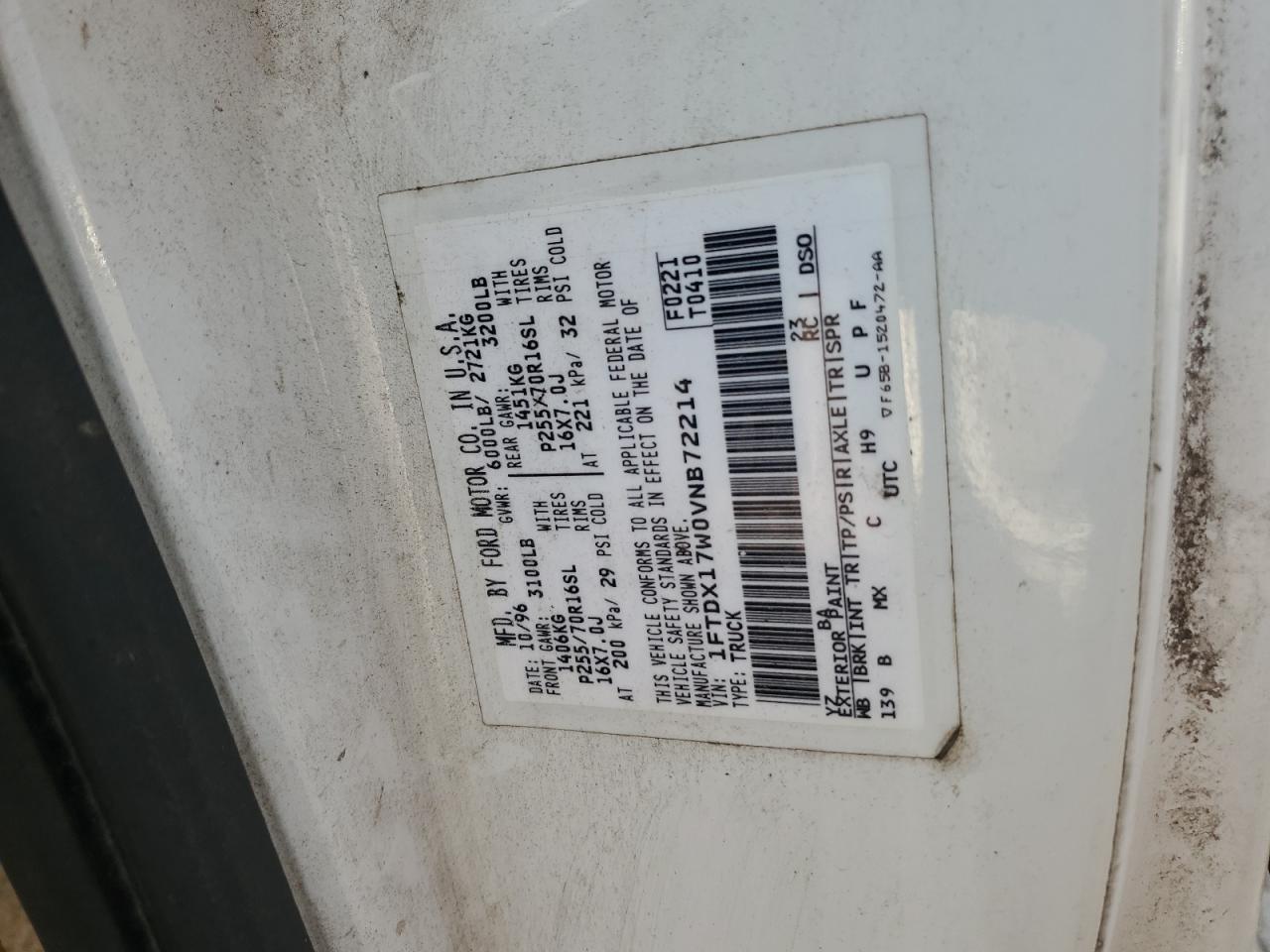 1997 Ford F150 VIN: 1FTDX17W0VNB72214 Lot: 87294095