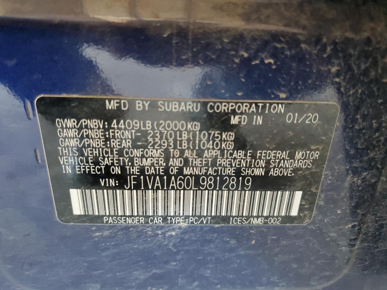 2020 Subaru Wrx VIN: JF1VA1A60L9812819 Lot: 87061345