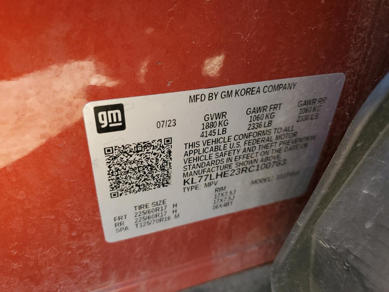 2024 Chevrolet Trax 1Lt VIN: KL77LHE23RC100763 Lot: 85081895