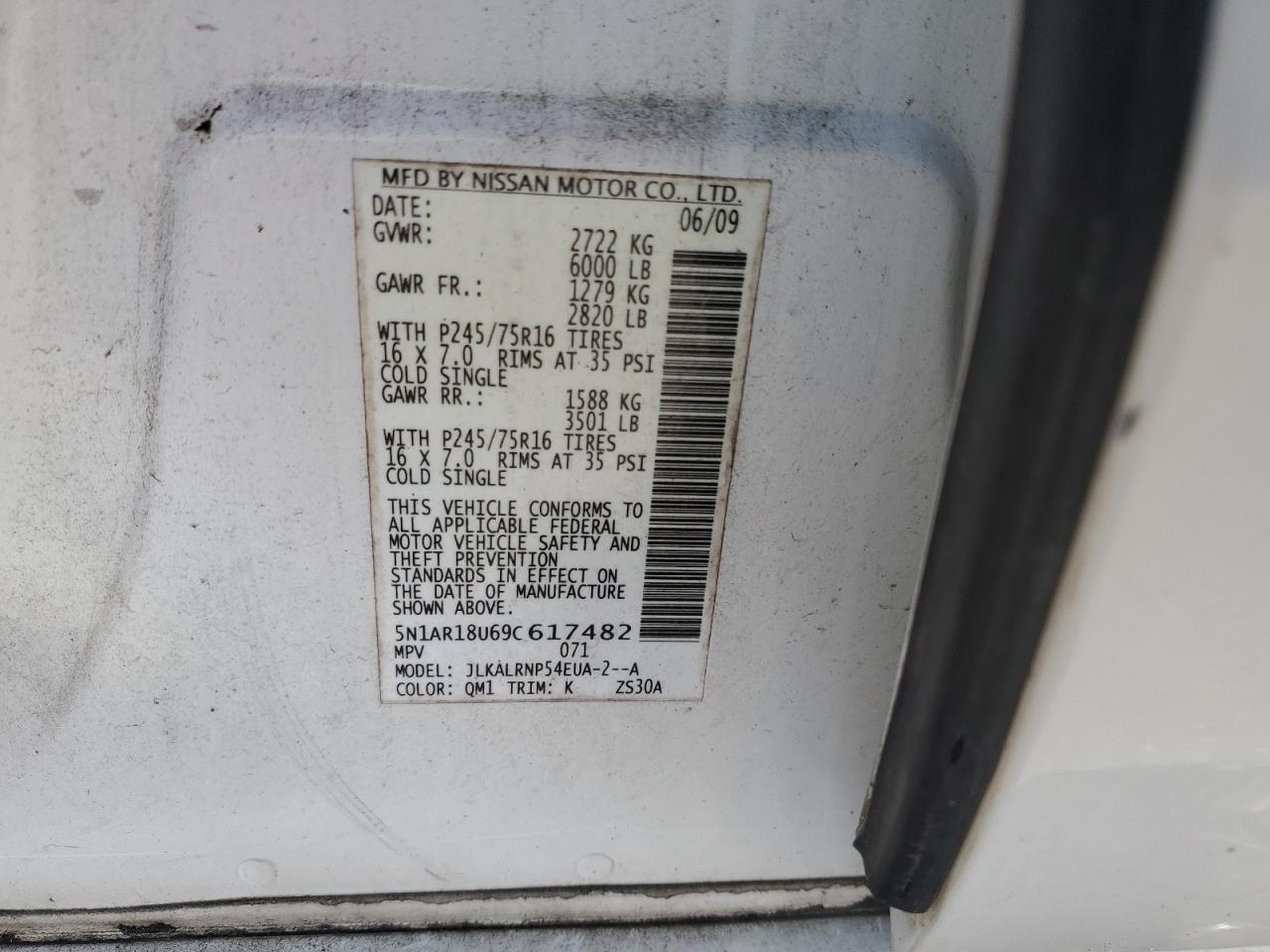 2009 Nissan Pathfinder S VIN: 5N1AR18U69C617482 Lot: 85306545