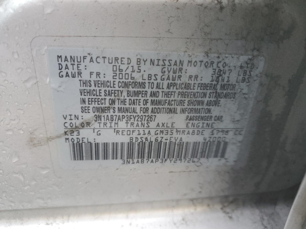 2015 Nissan Sentra S VIN: 3N1AB7AP3FY297267 Lot: 86103085