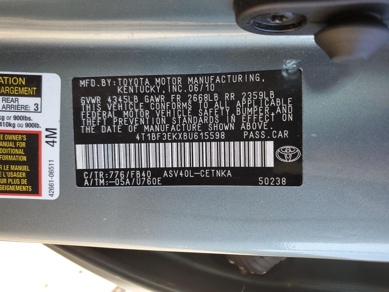 2011 Toyota Camry Base VIN: 4T1BF3EKXBU615598 Lot: 85899745