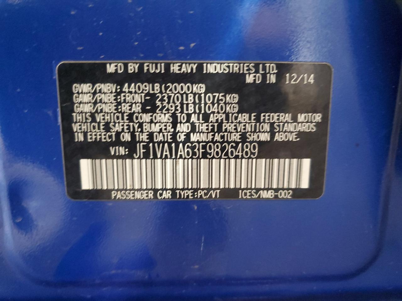 2015 Subaru Wrx VIN: JF1VA1A63F9826489 Lot: 85550125