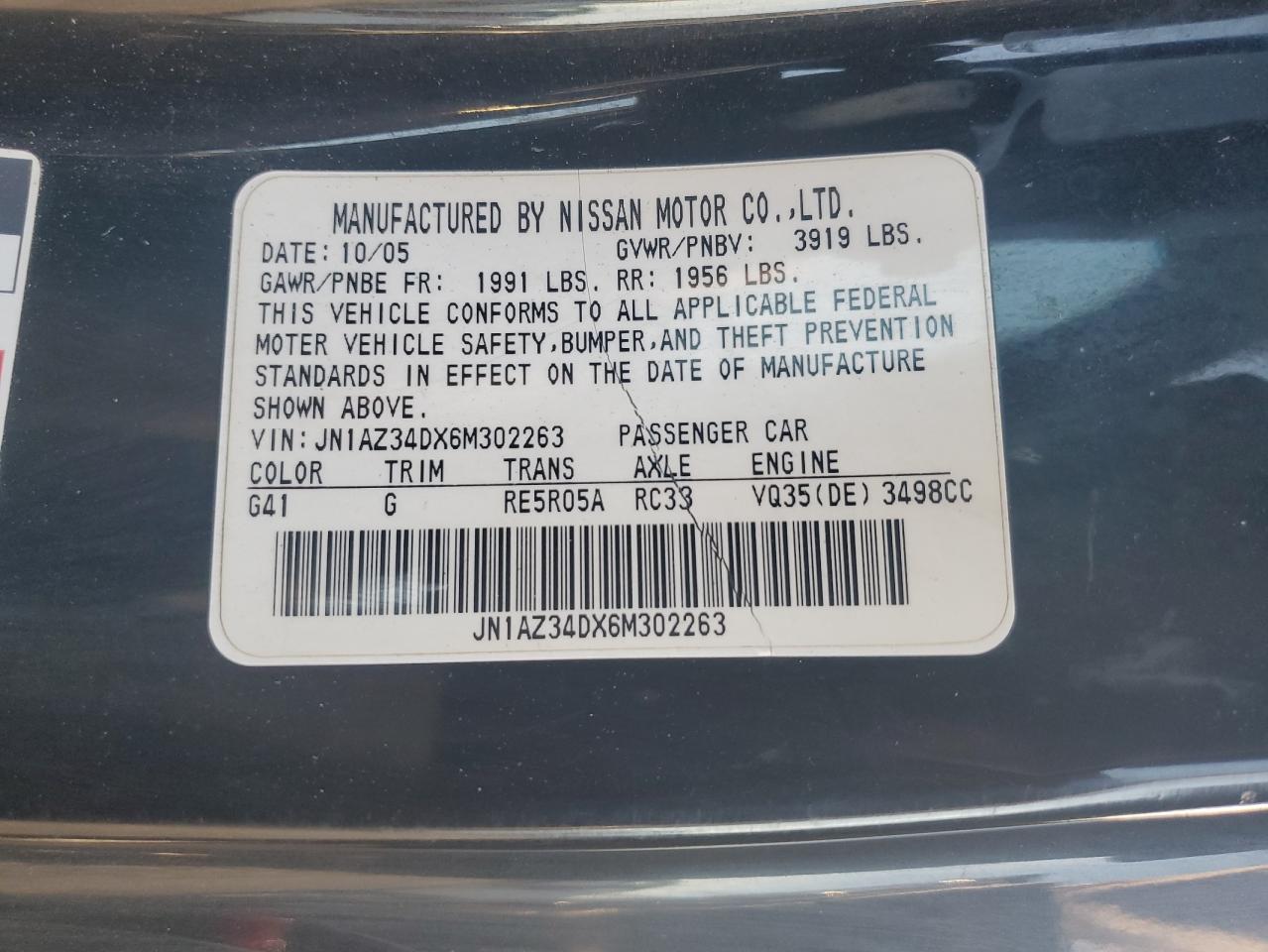 2006 Nissan 350Z Coupe VIN: JN1AZ34DX6M302263 Lot: 90902585