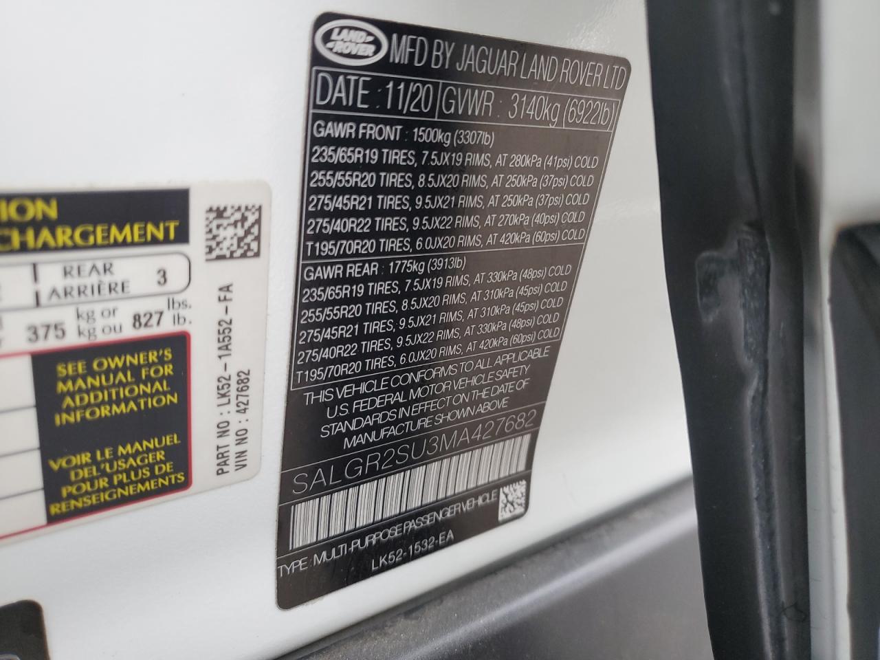 2021 Land Rover Range Rover VIN: SALGR2SU3MA427682 Lot: 84472715