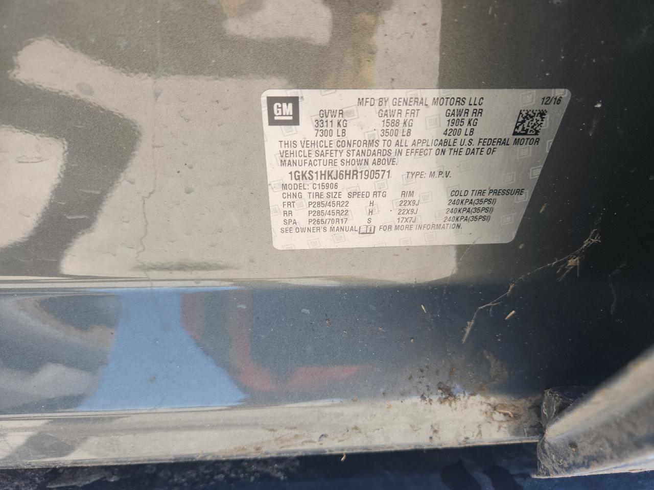 2017 GMC Yukon Xl Denali VIN: 1GKS1HKJ6HR190571 Lot: 85742505