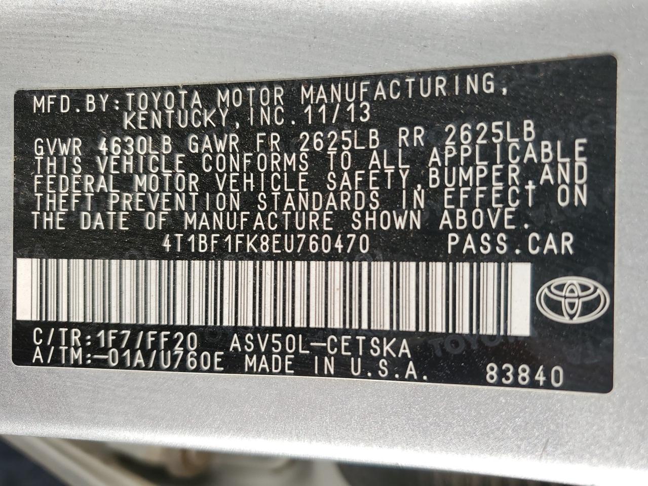 2014 Toyota Camry L VIN: 4T1BF1FK8EU760470 Lot: 85258235