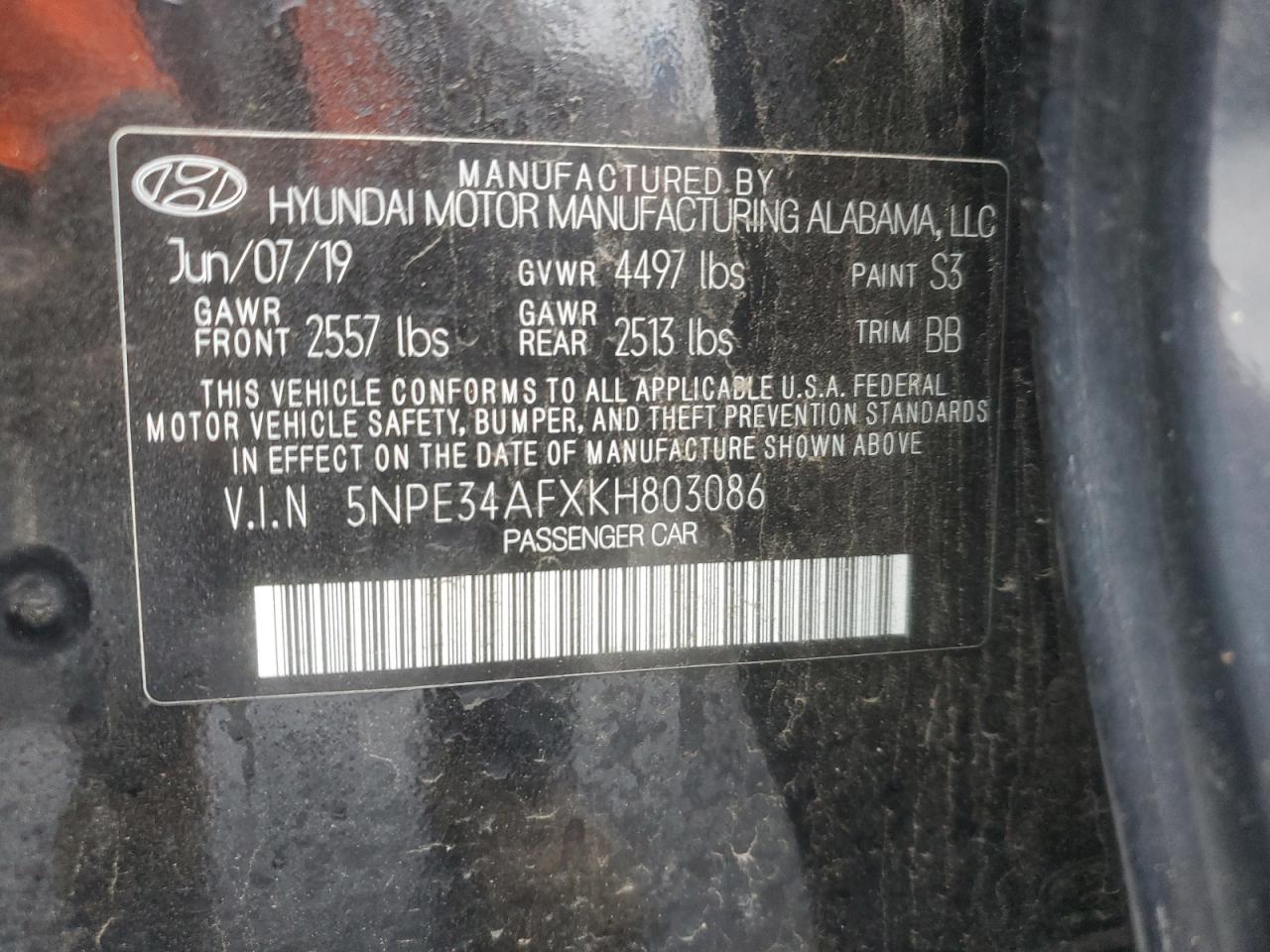 2019 Hyundai Sonata Limited VIN: 5NPE34AFXKH803086 Lot: 86451065