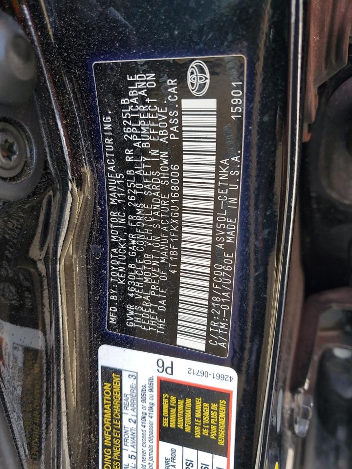 2016 Toyota Camry Le VIN: 4T1BF1FKXGU168006 Lot: 85897985