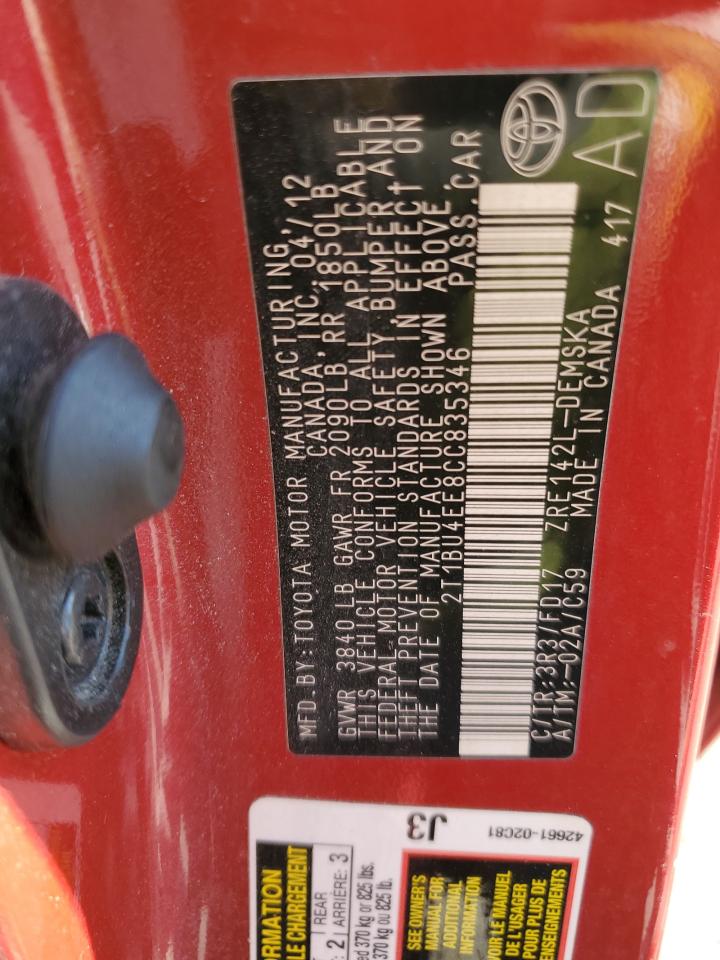 2012 Toyota Corolla Base VIN: 2T1BU4EE8CC835346 Lot: 85008035