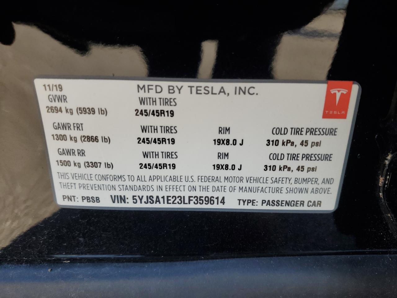 2020 Tesla Model S VIN: 5YJSA1E23LF359614 Lot: 82582125