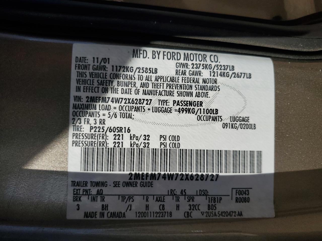 2002 Mercury Grand Marquis Gs VIN: 2MEFM74W72X628727 Lot: 85876915