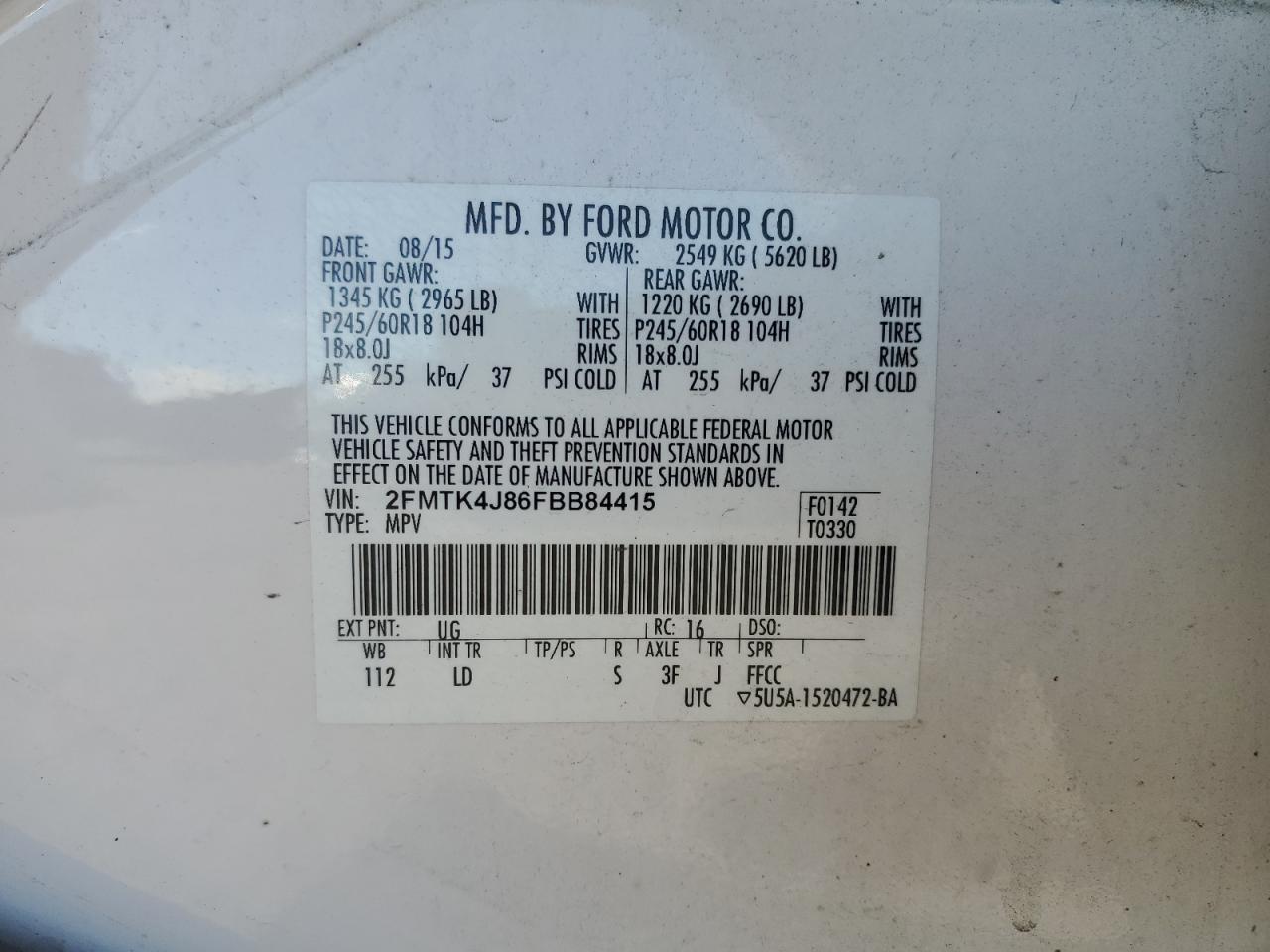 2015 Ford Edge Sel VIN: 2FMTK4J86FBB84415 Lot: 86120635