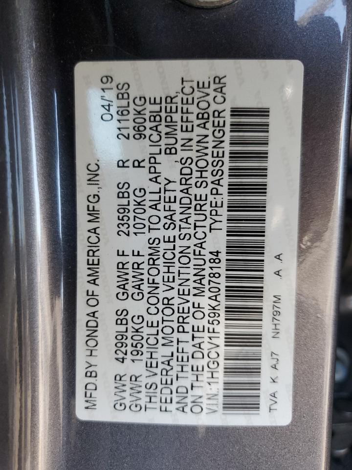 2019 Honda Accord Exl VIN: 1HGCV1F59KA078184 Lot: 85576985