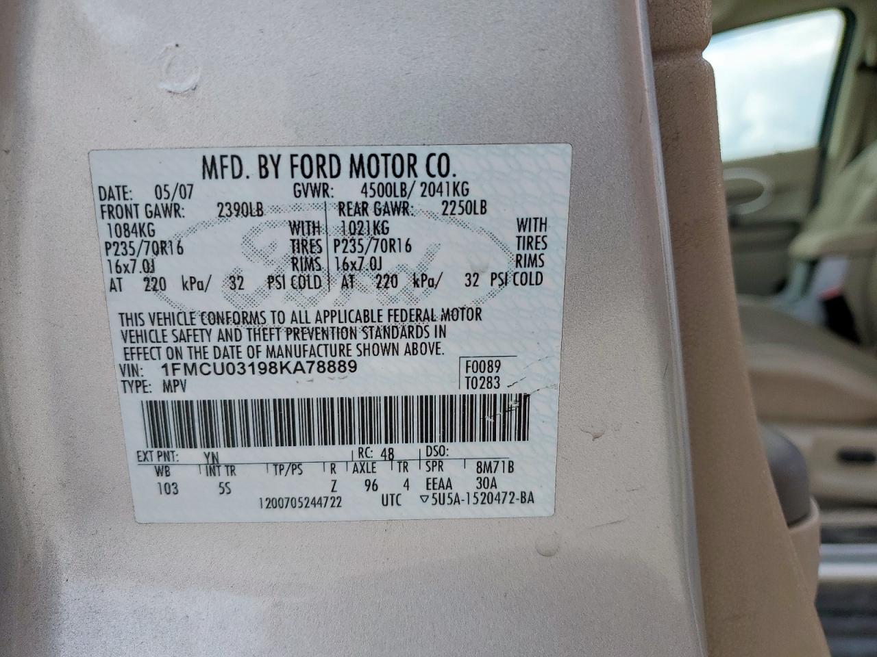 2008 Ford Escape Xlt VIN: 1FMCU03198KA78889 Lot: 85141915