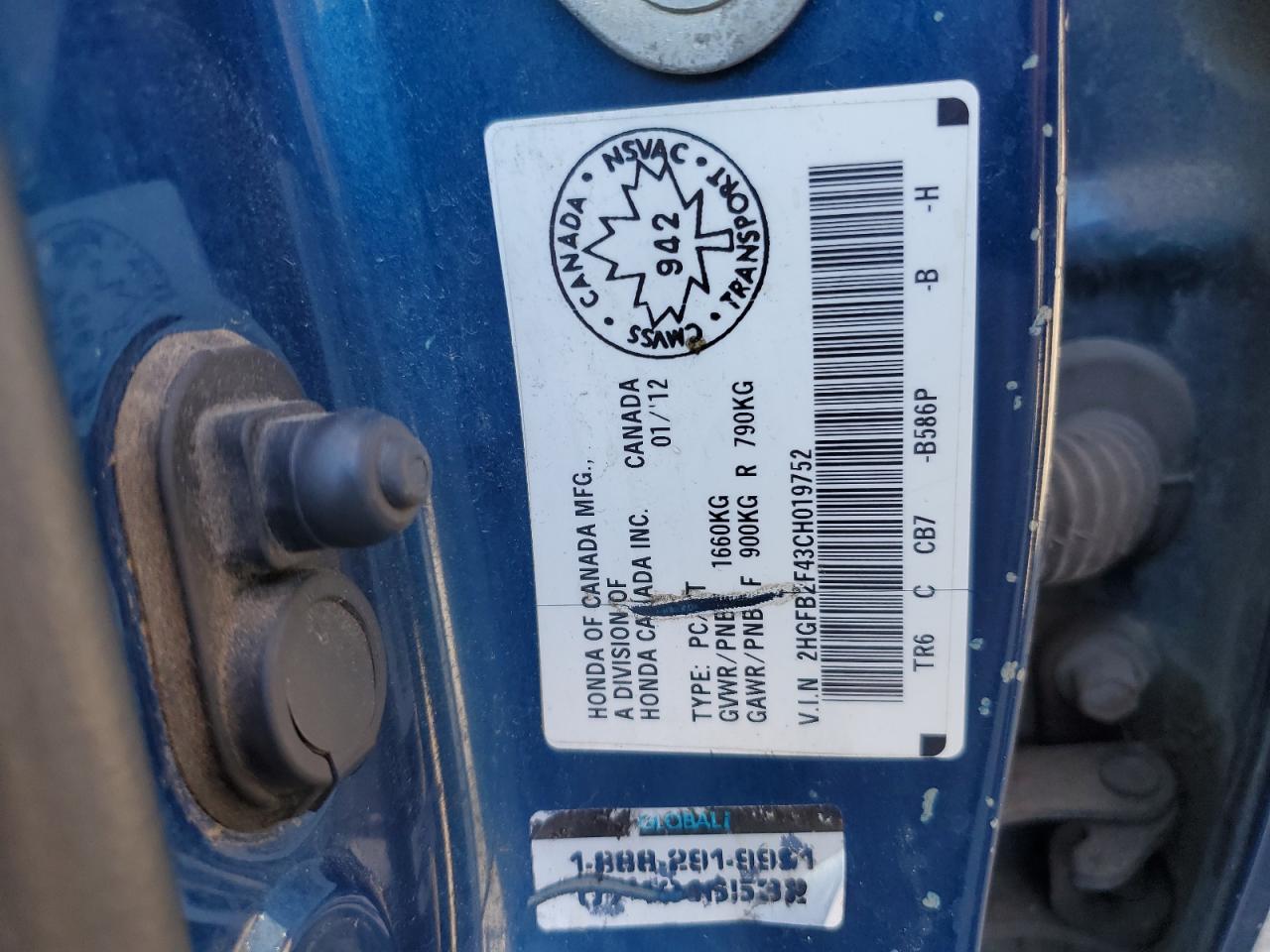 2012 Honda Civic Lx VIN: 2HGFB2F43CH019752 Lot: 84443095