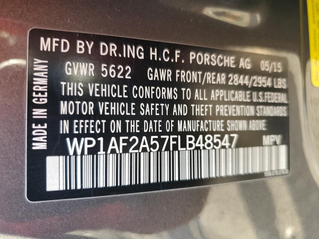 2015 Porsche Macan Turbo VIN: WP1AF2A57FLB48547 Lot: 89650365