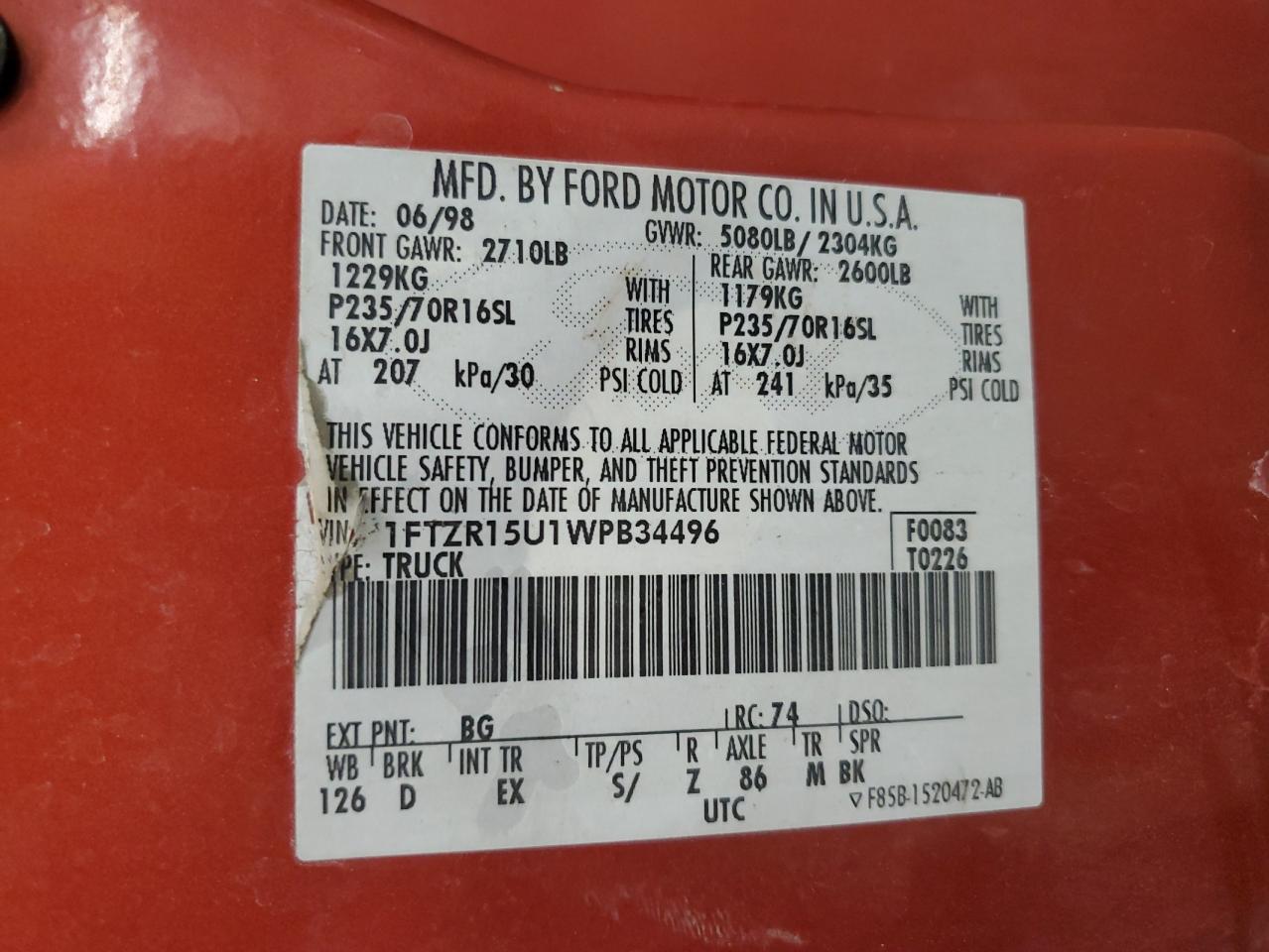 1998 Ford Ranger Super Cab VIN: 1FTZR15U1WPB34496 Lot: 86843455