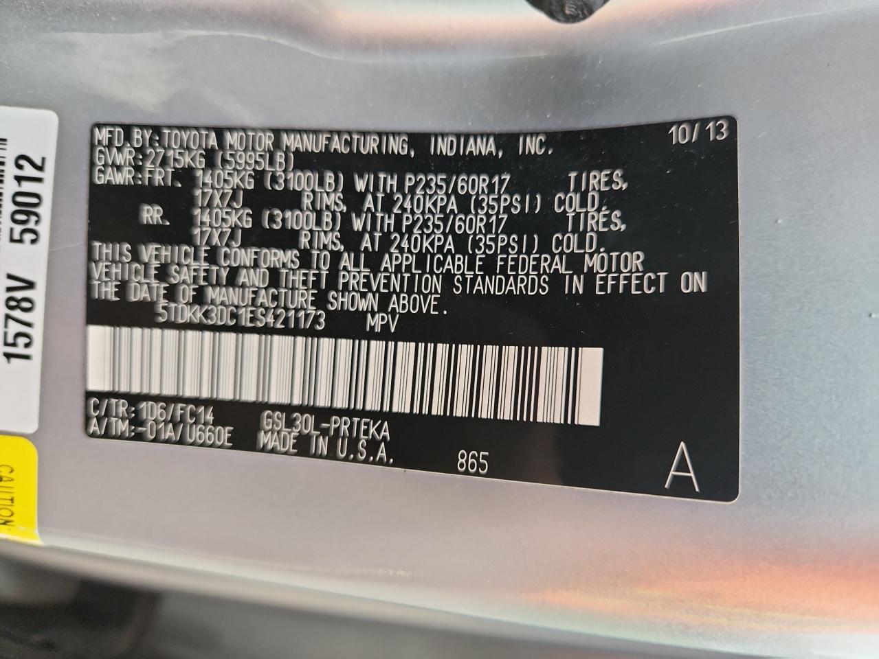 2014 Toyota Sienna Le VIN: 5TDKK3DC1ES421173 Lot: 84768045