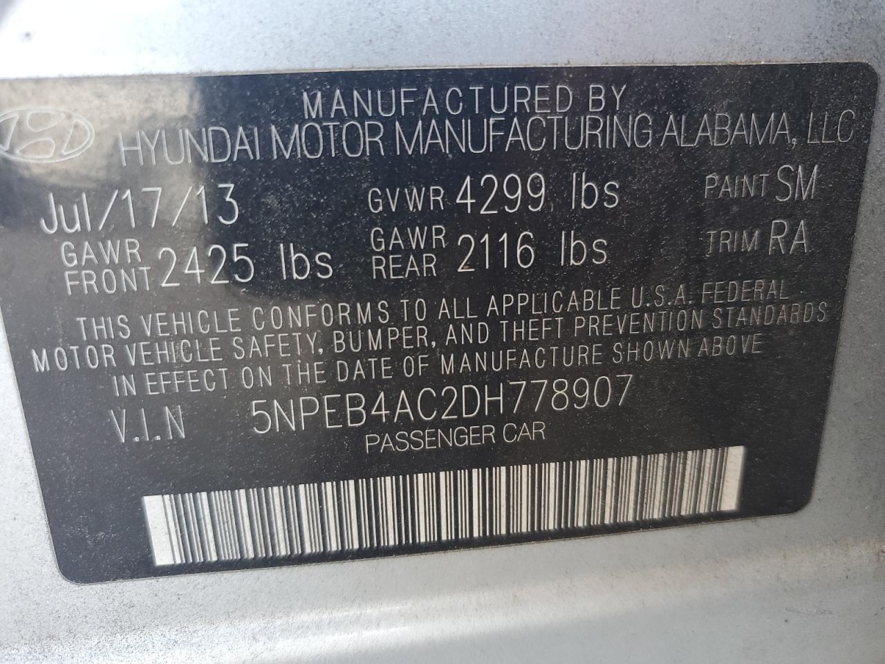 2013 Hyundai Sonata Gls VIN: 5NPEB4AC2DH778907 Lot: 82236145