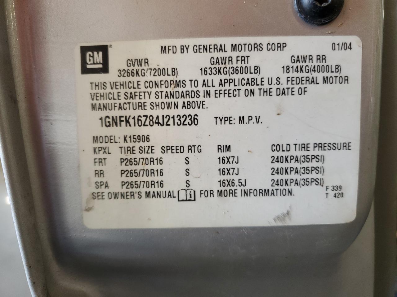 2004 Chevrolet Suburban K1500 VIN: 1GNFK16Z84J213236 Lot: 85944235