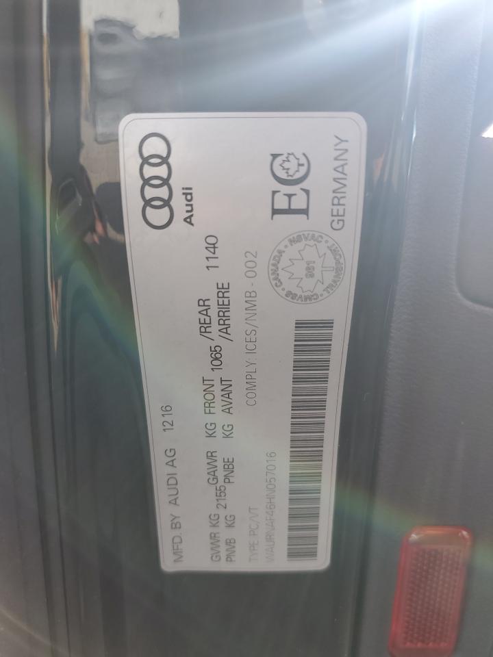 2017 Audi A4 Prestige VIN: WAURNAF46HN057016 Lot: 85322455