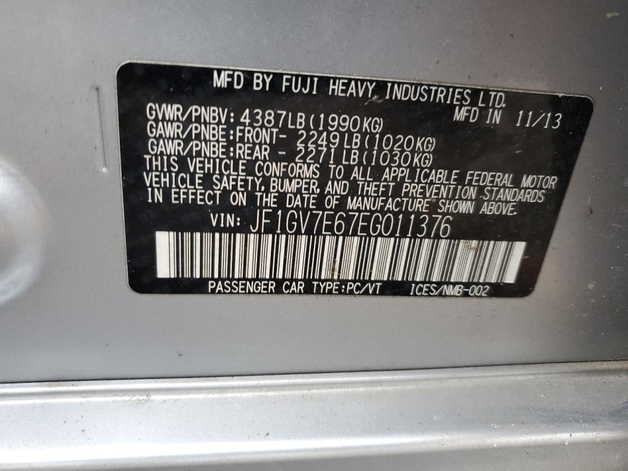 2014 Subaru Impreza Wrx VIN: JF1GV7E67EG011376 Lot: 90779395