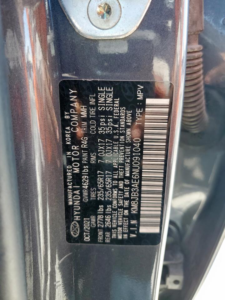 2022 Hyundai Tucson Sel VIN: KM8JB3AE6NU091040 Lot: 86066665