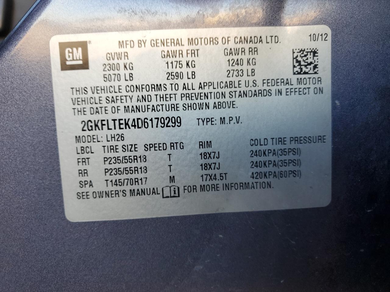 2013 GMC Terrain Sle VIN: 2GKFLTEK4D6179299 Lot: 82339885