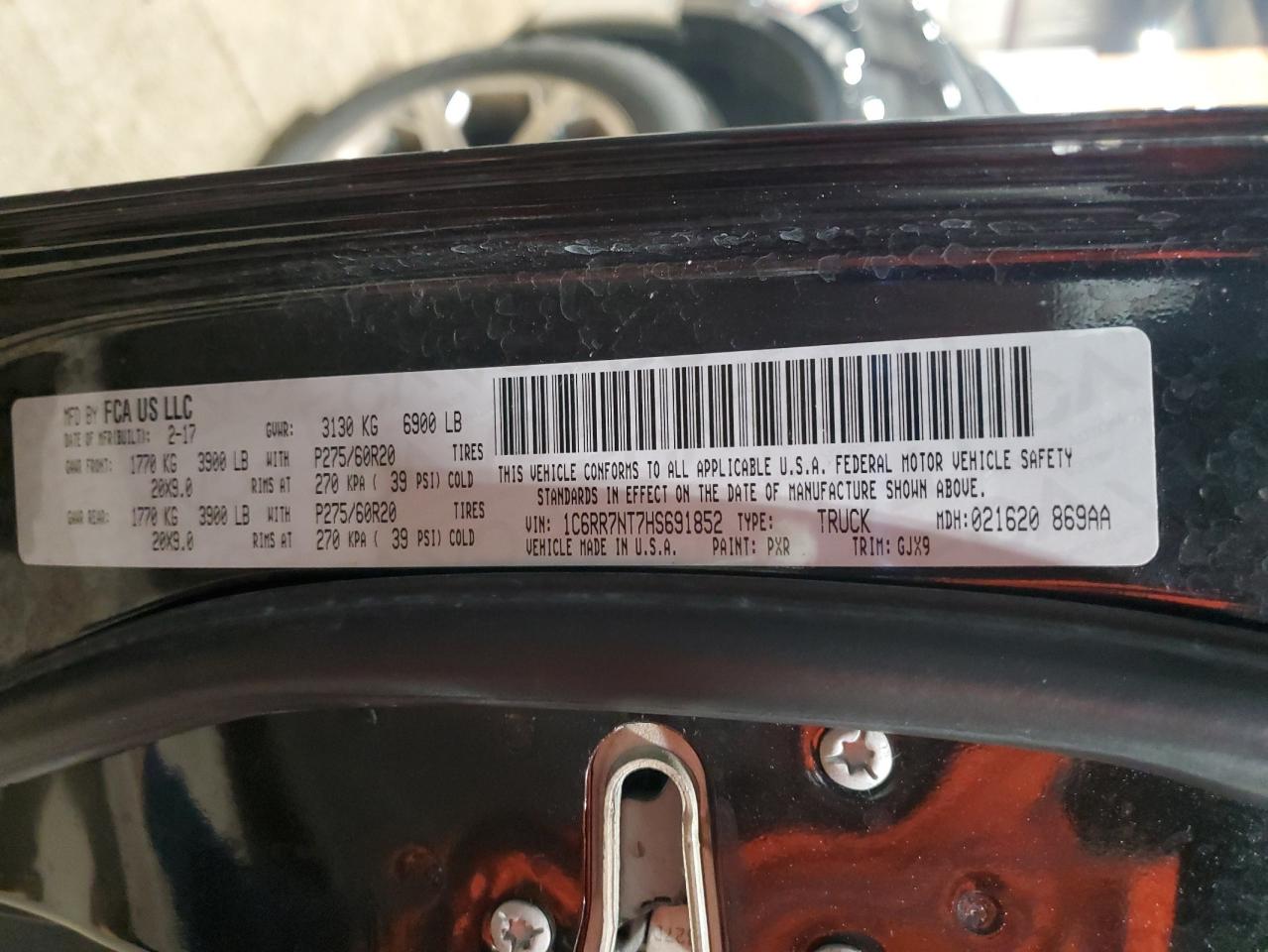 2017 Ram 1500 Laramie VIN: 1C6RR7NT7HS691852 Lot: 85202905