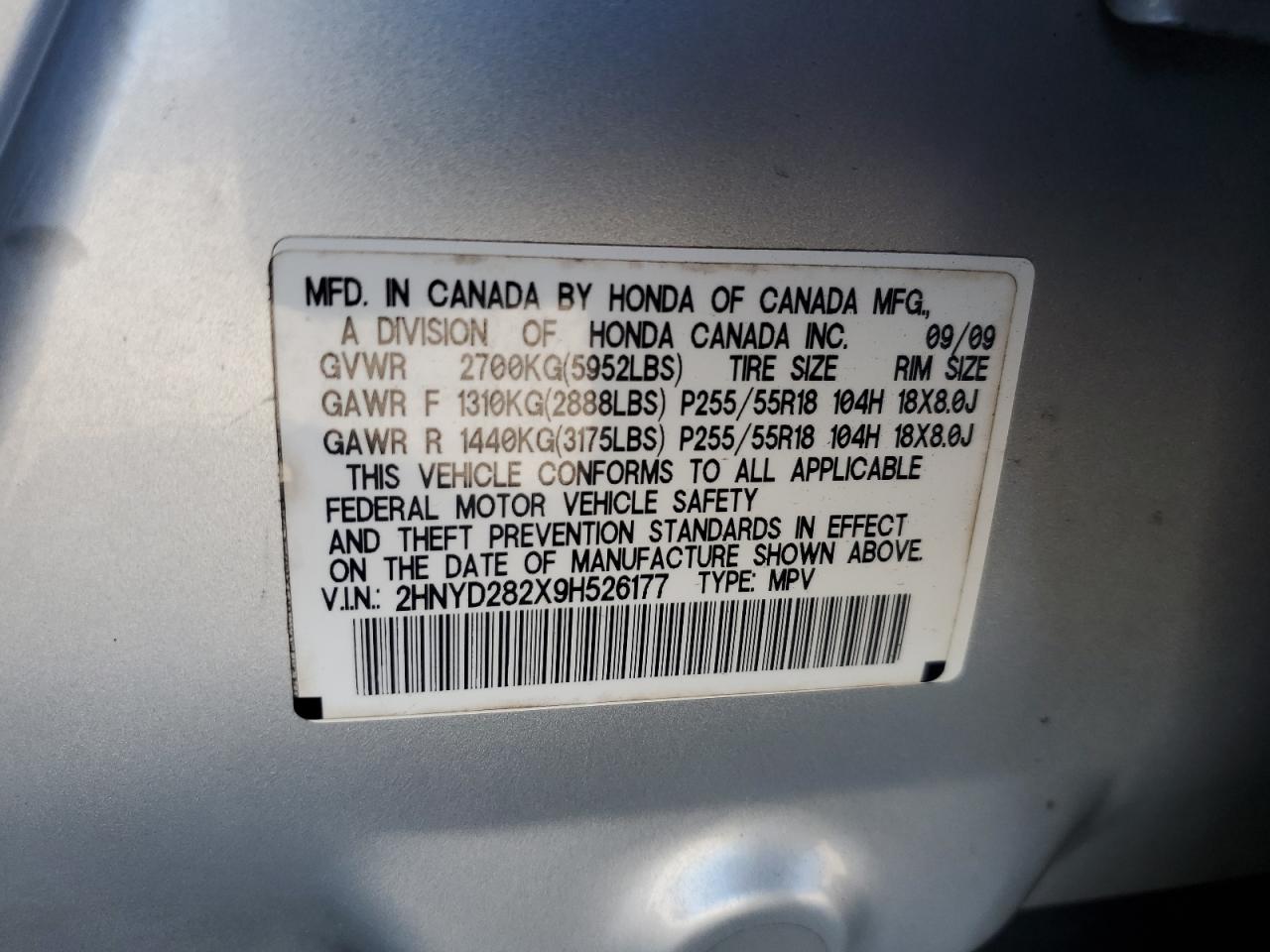 2009 Acura Mdx VIN: 2HNYD282X9H526177 Lot: 91066085