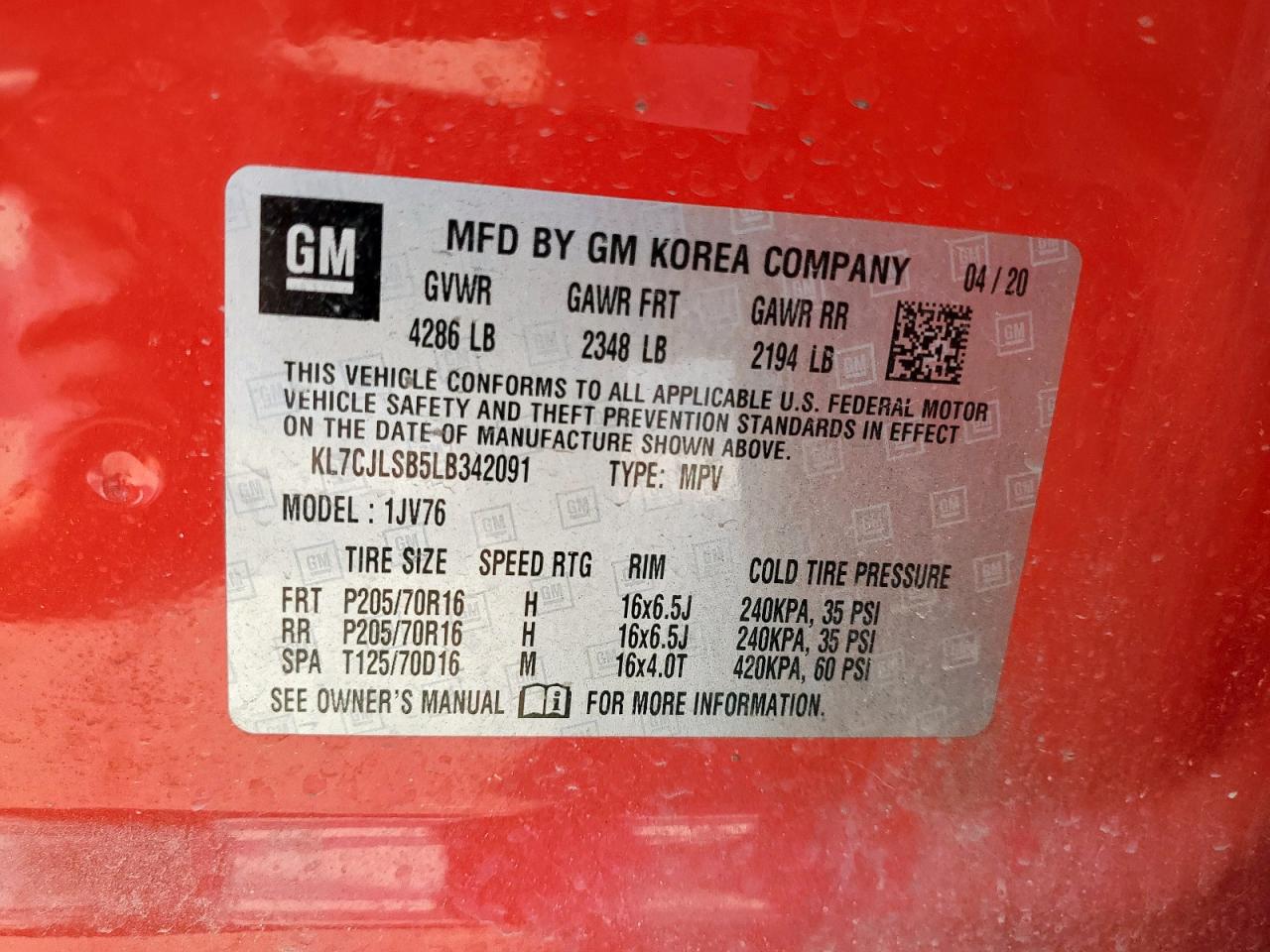 2020 Chevrolet Trax 1Lt VIN: KL7CJLSB5LB342091 Lot: 85666315