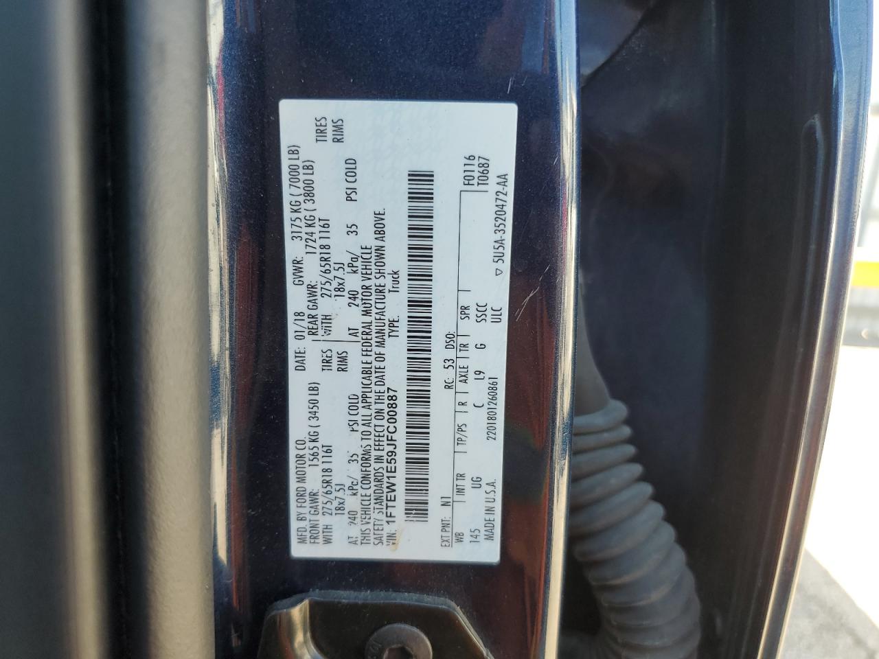 2018 Ford F150 Supercrew VIN: 1FTEW1E59JFC00887 Lot: 84875215