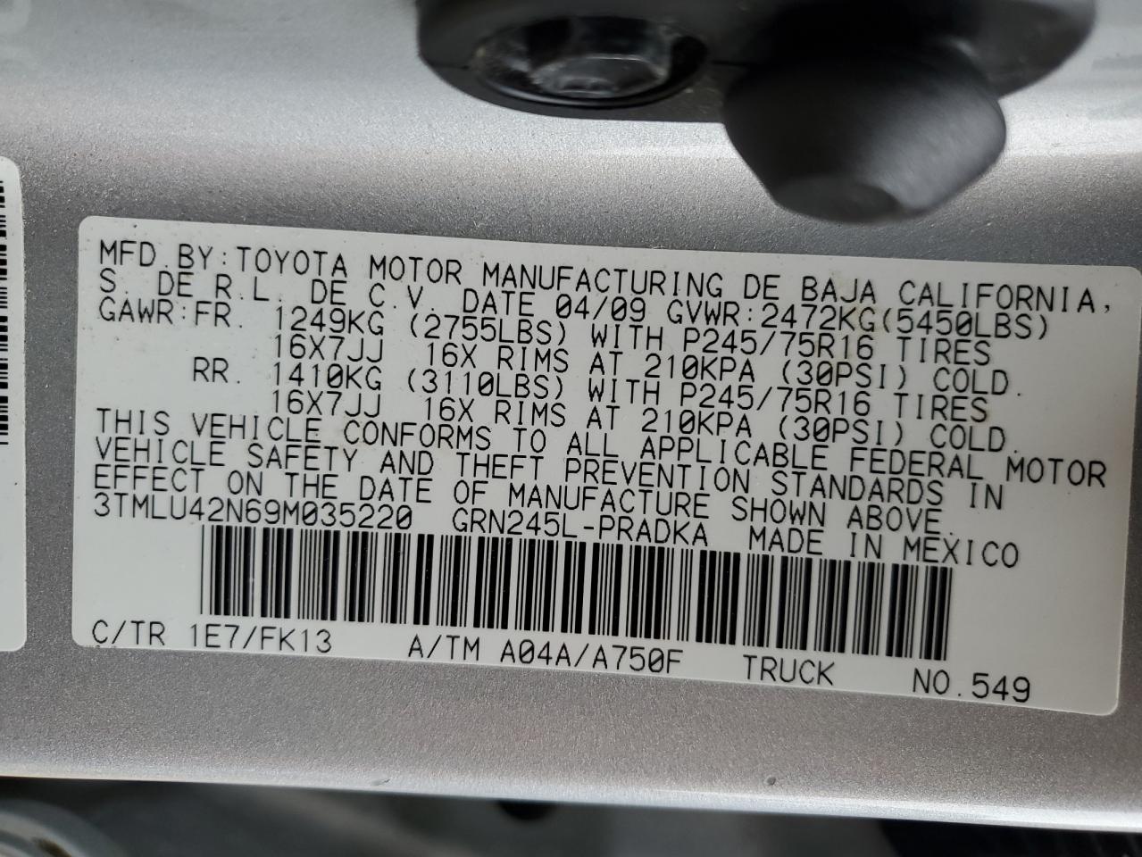 2009 Toyota Tacoma Double Cab VIN: 3TMLU42N69M035220 Lot: 86493285