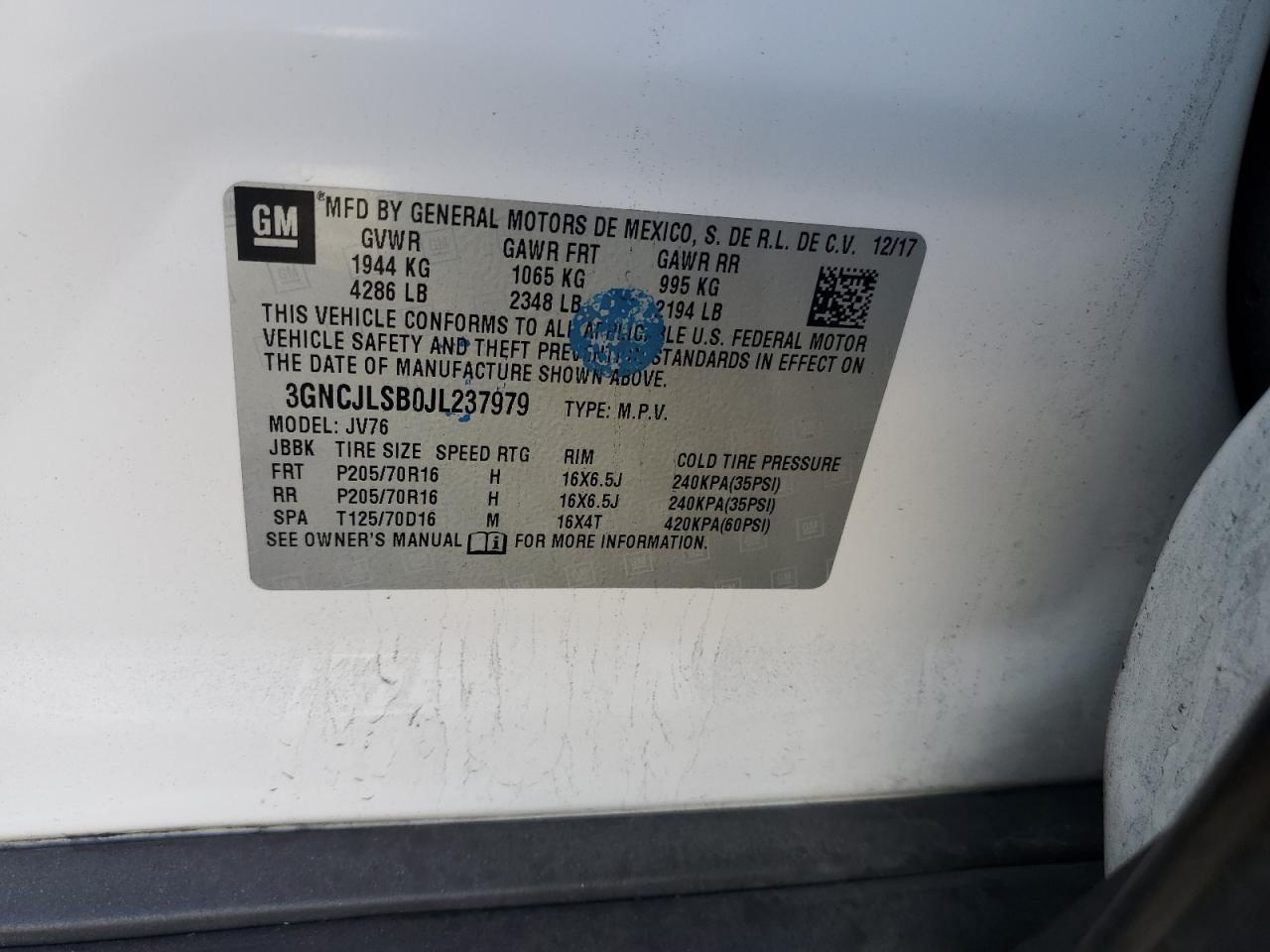 2018 Chevrolet Trax 1Lt VIN: 3GNCJLSB0JL237979 Lot: 87480745