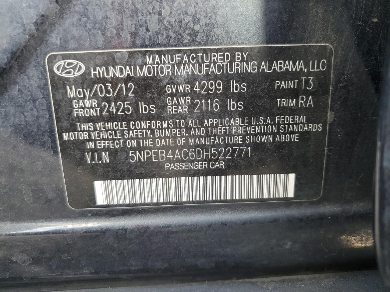 2013 Hyundai Sonata Gls VIN: 5NPEB4AC6DH522771 Lot: 84699185